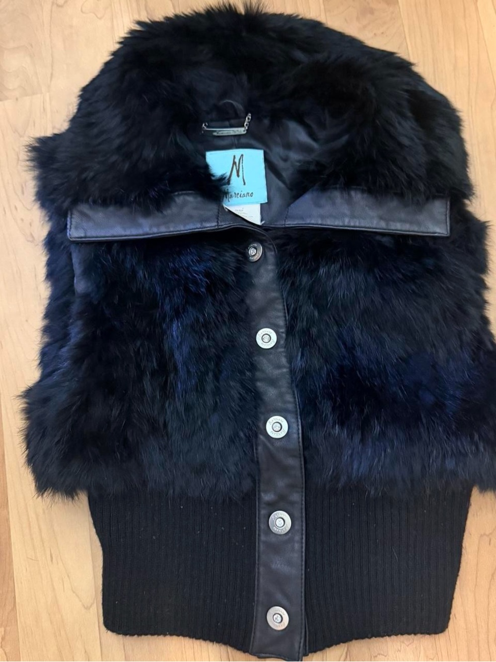 Marciano Black rabbit Fur Button Vest lamb leather trim